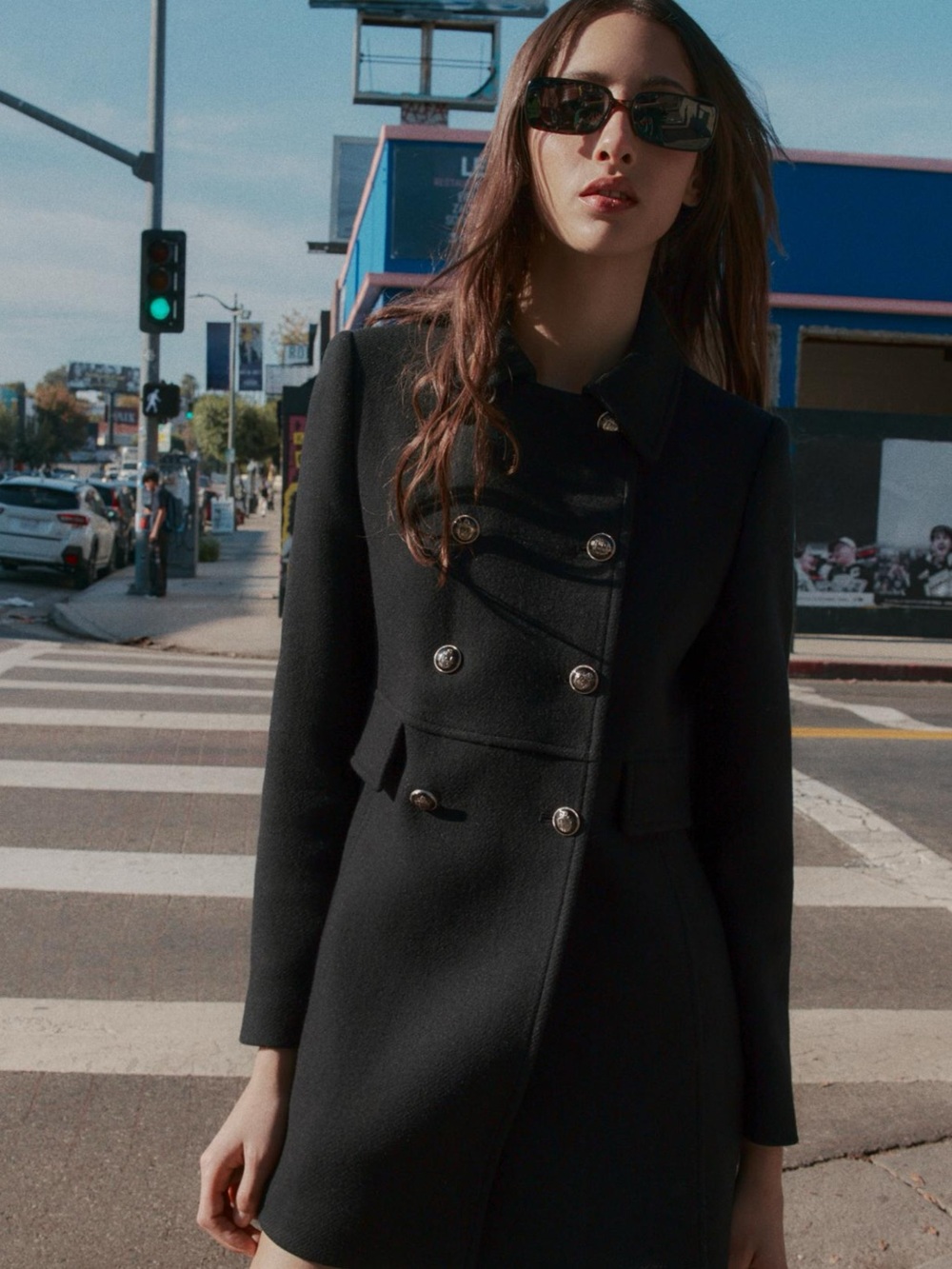 Zara Black Double-Breasted Wool Blend Coat with Metal Buttons